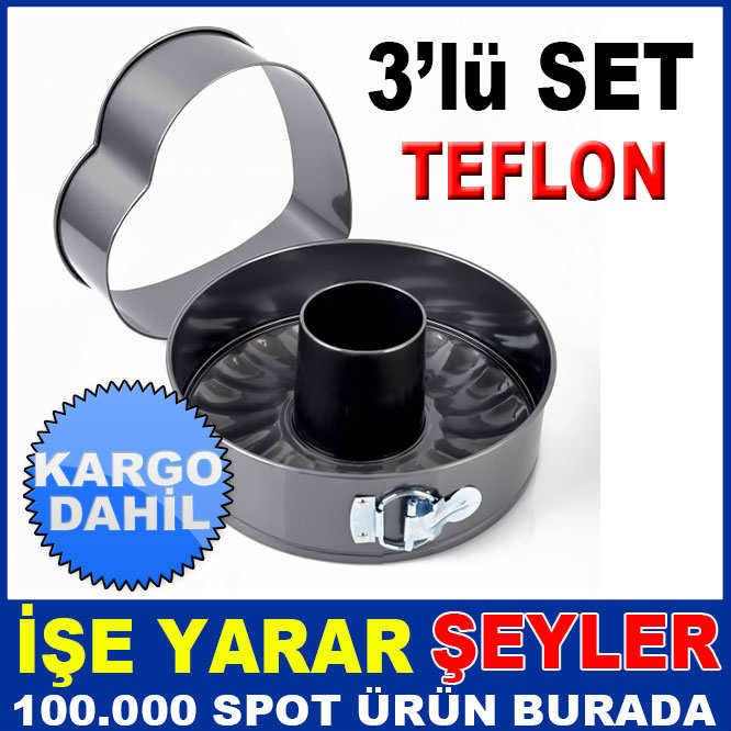 3lü SET KELEPÇELİ TEFLON KEK KALIBI MD-08 YUVARLAK,KALP ve DELİKLİ DİZAYN KALİTELİ TEFLON KEK KALIBI