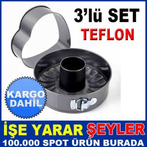 3lü SET KELEPÇELİ TEFLON KEK KALIBI MD-08 YUVARLAK,KALP ve DELİKLİ DİZAYN KALİTELİ TEFLON KEK KALIBI