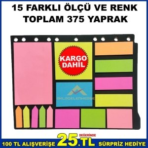 15 FARKLI ÖLÇÜ VE RENKLERDE 375 YAPRAK YAPIŞKANLI KAĞIT POST-IT