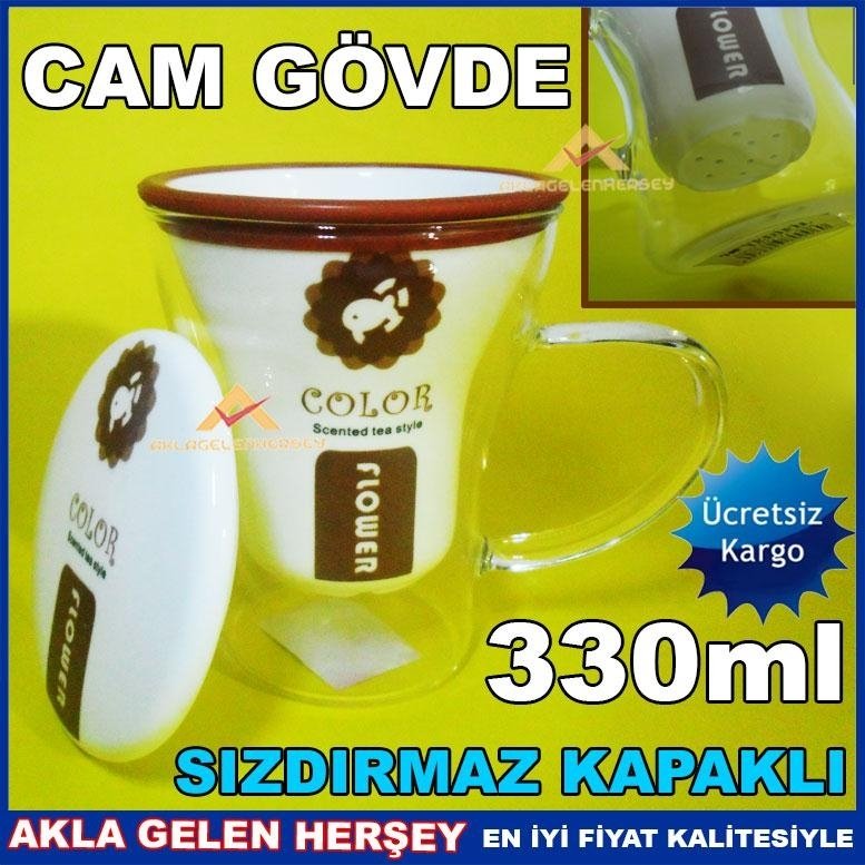 PORSELEN SÜZGEÇLİ CAM GÖVDELİ BİTKİ ÇAYI KUPASI