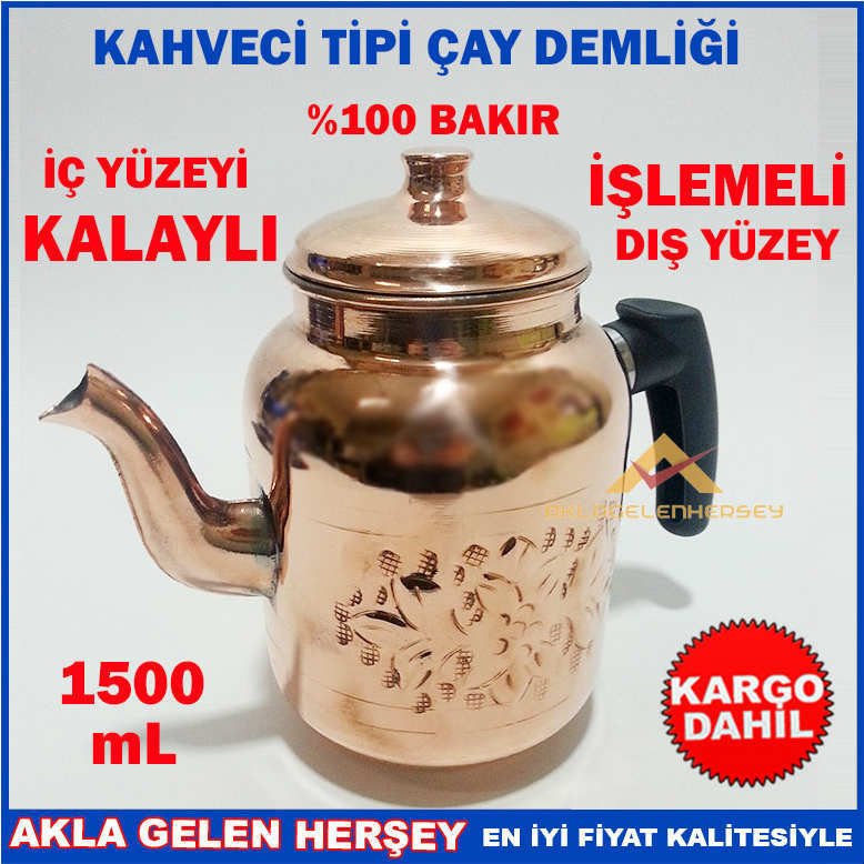 YÜZDE 100 BAKIR KAHVECİ TİPİ ÇAY DEMLİĞİ 1500mL