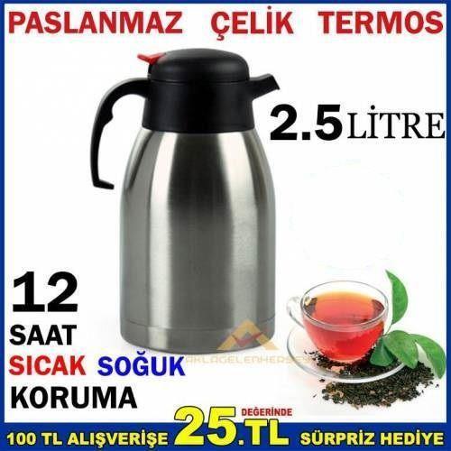 SÜRAHİ TİPİ İÇİ DIŞI ÇELİK BÜYÜK BOY ÇELİK ÇAY TERMOSU 2.5 LİTRE