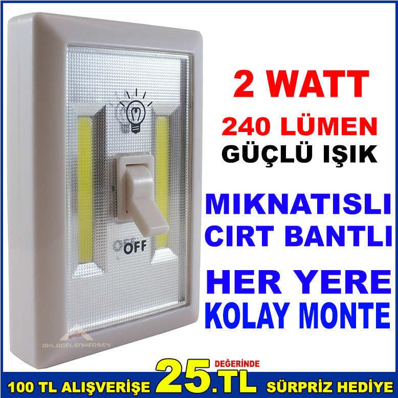 HERYERE KOLAYCA MONTE EDİLEBİLEN AÇ KAPA ANAHTARLI KABLOSUZ LAMBA 2watt COB LED GÜÇLÜ IŞILDAK FENER