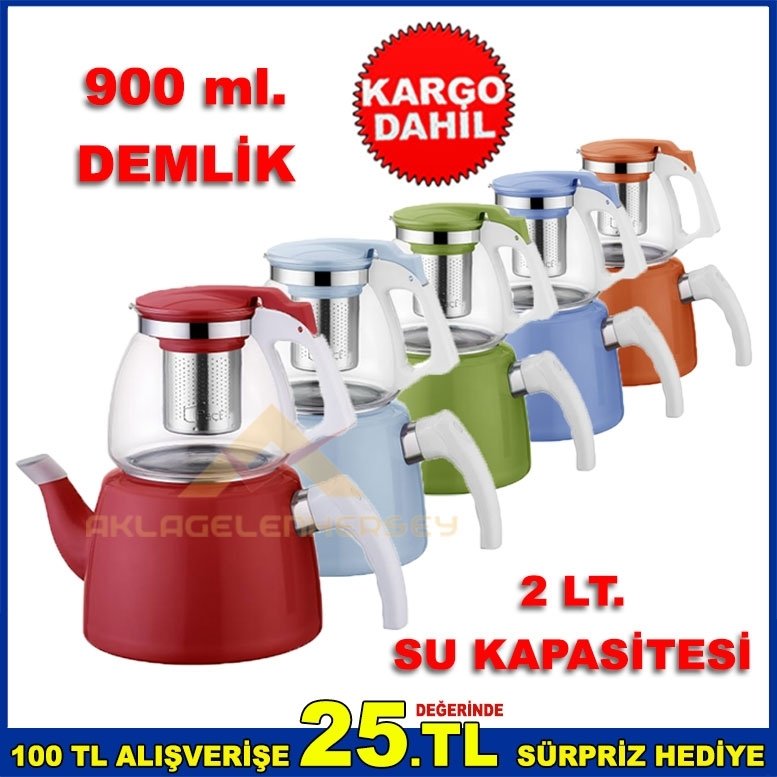 900ml. CAM DEMLİK 2 LT. ALT GÖVDE PASLANMAZ ÇELİK SÜZGEÇLİ ÇAYDAN