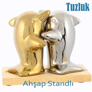 Altın,Gümüş Metalik Renk Tuzluk-Biberlik Ahşap Tabanlı Şık Tasarım 2li Yunusların Aşkı Tuzluk