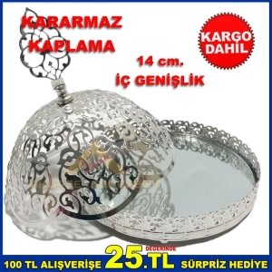15 cm. İÇİ AYNALI KARARMAZ KAPLAMALI GÜMÜŞ RENK METAL ŞEKERLİK