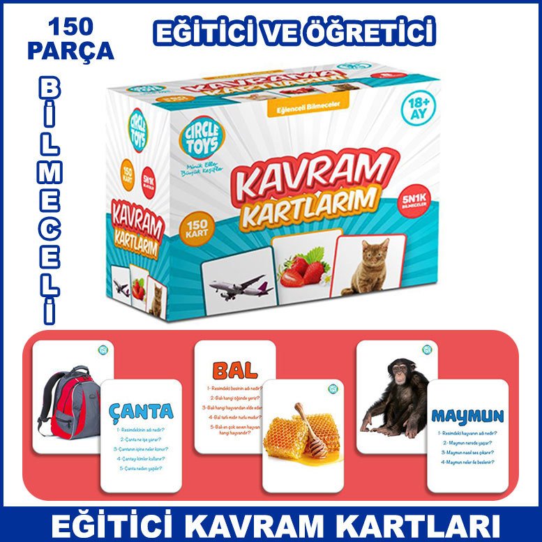 150 Parça Eğitici, Öğretici ve Zeka Geliştirici Kavram Kartları - Bilmeceli Zeka Kartları