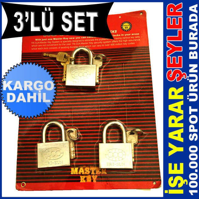 3 adet Çelik Asma Kilit Seti MASTER KİLİT SETİ 3 Master Anahtarla her Kilidi Açabilirsiniz abn -2