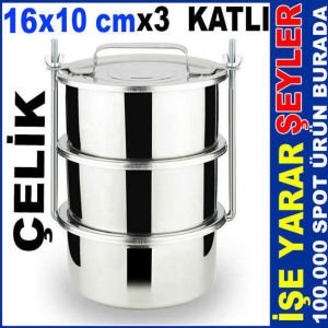 16x10cm BÜYÜK BOY ÇELİK SEFER TASI 3'LÜ KARAVANA PASLANMAZ ÇELİK SANAYİ TİPİ YEMEK TAŞIMA KABI