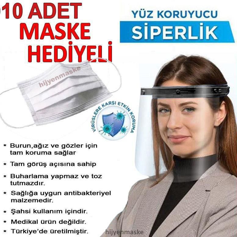 10 HEDİYELİ Yüz Koruma Siperliği Kırılmaz Camlı Siperlik-Tam Koruyuculu Kişisel Sağlıklı Yaşam Seti
