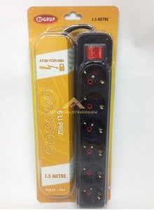 As Grup Akım Korumalı 6'lı Priz 1.5 Metre Kablo Uzunluğuna Sahip Anahtarlı 6'lı Grup Priz Siyah