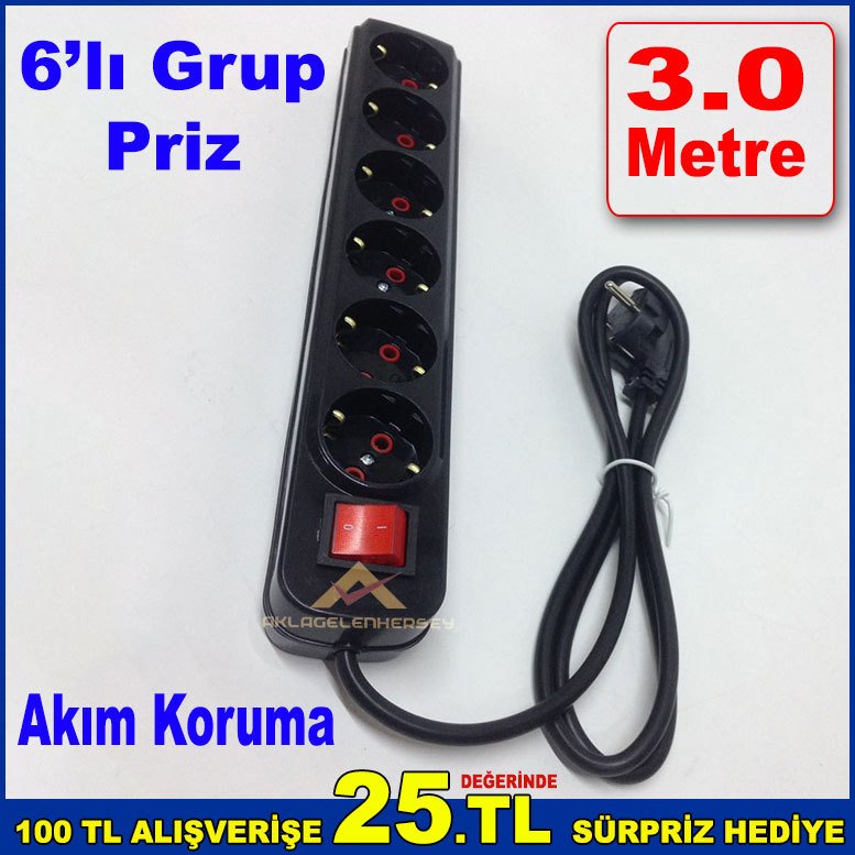 As Grup Akım Korumalı 6'lı Priz 3 Metre Kablo Uzunluğuna Sahip Anahtarlı 6'lı Grup Priz Siyah