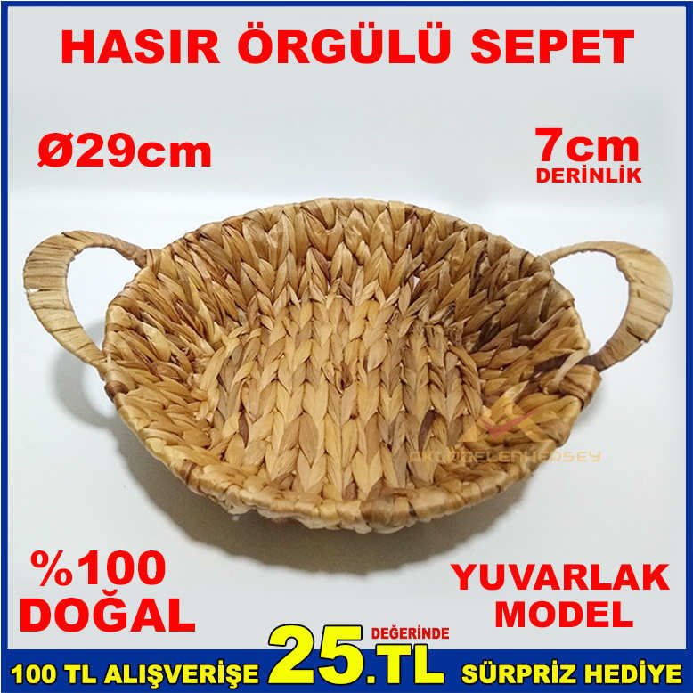 %100 DOĞAL DEKORATİF HASIR ÖRGÜ SEPET YUVARLAK