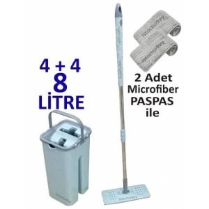 Microfiber Tablet Mop 2 Paspaslı Temizlik Seti 4+4=8 Litre Kova+Metal Sap 2 adet Paspas Fiyata Dahil