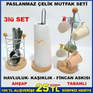 3lüSet PASLANMAZ ÇELİK HAVLULUK-KAŞIKLIK-ASKILIK