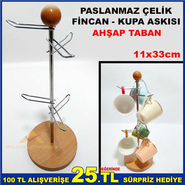 AHŞAP TABANLI PASLANMAZ ÇELİK FİNCAN-KUPA ASKISI