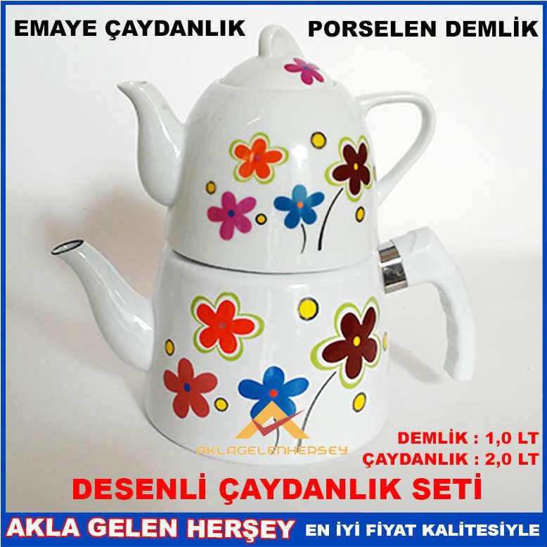 DESENLİ EMAYE ÇAYDANLIK PORSELEN DEMLİK ÇAY SETİ