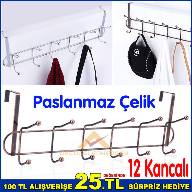 Banyo ve Tüm Oda Kapıları İçin Amerikan Kapı Arkası 12 Kancalı Metal Askı,Havlu Bornoz Askısı