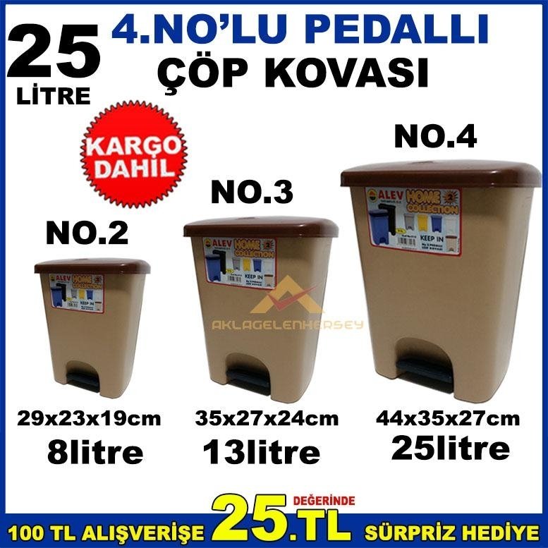 25 LİTRE PEDALLI KALİTELİ PLASTİK ÇÖP KOVASI NO.4 44x35x27cm