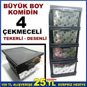 BÜYÜK BOY 4 ÇEKMECELİ TEKERLEKLİ DESENLİ KOMİDİN