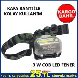 3 ADET AAA PİL İLE ÇALIŞAN 3W COB LED KAFA BANTLI LED FENER