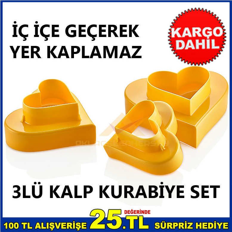 Üçlü set 2 kat Kalp bisküvi kek kalıpları 3 ADET İÇ İÇE GEÇEBİLEN KALP VOLOVAN KURABİYE KESİM KALIBI
