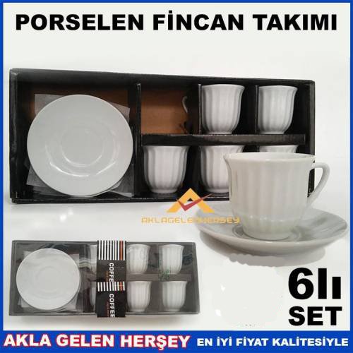 Kendinden Desenli Beyaz Porselen Kahve Fincan Takımı Yivli Çizgi