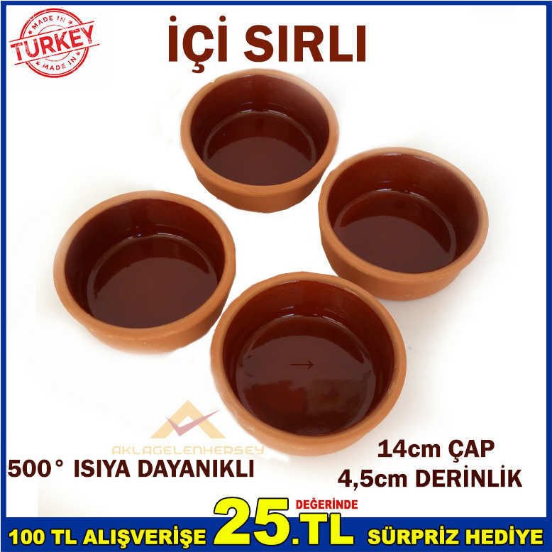 4 ADET BÜYÜK BOY TOPRAK GÜVEÇ KABI, DUBLE PORSİYON YUVARLAK 14cm BÜYÜK GÜVEÇ FIRIN KASESİ