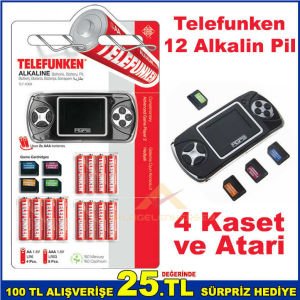4 Kasetli oyunla El Atarisi+HEDİYESİ Telefunken 12 adet Alkalin Pil=4 adet AA + 8 adet AAA Kalem Pil