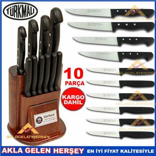 AHŞAP STAND ÖZEL TAKOZLU 10lu SET ORİJİNAL SÜRBİSA BIÇAKLARI PİMLİ ÖZEL ÜRETİM BIÇAK SETİ
