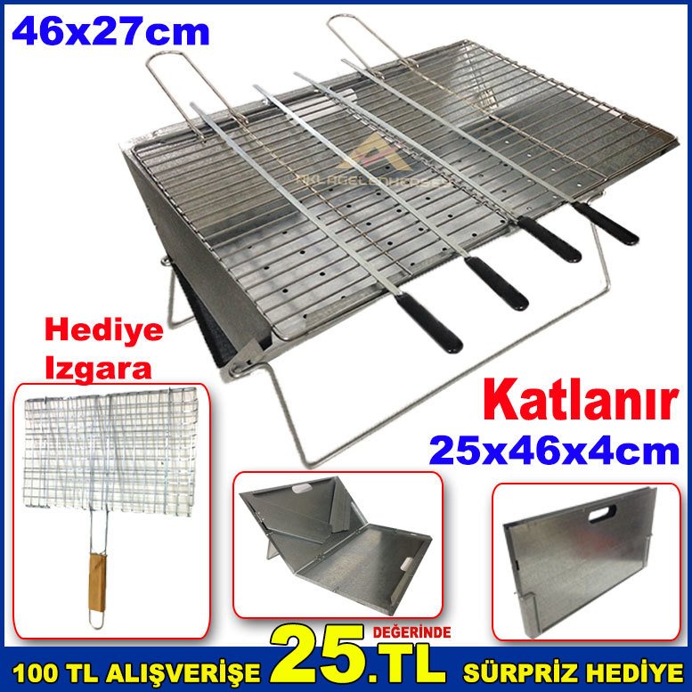 Katlanır Laptop Izgara Paslanmaz Krom Ayaklı ve Galvanis Kaplama Saclı Mangal Keyfi 46x27cm