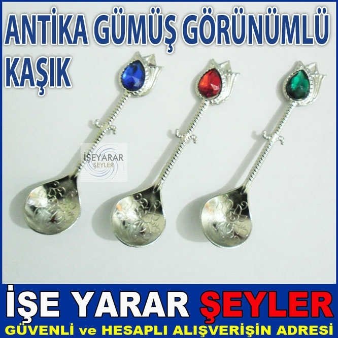 ANTİKA GÜMÜŞ GÖRÜNÜMLÜ TAŞLI KAŞIK OSMANLI DESEN