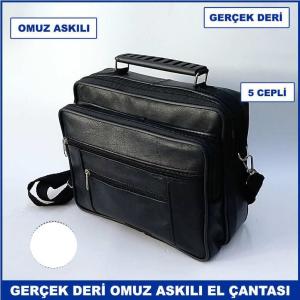 Hakiki Deriden Üretilmiş Omuz Askılı 5 Cepli Büyük Boy Erkek El Çantası - Yatay Model