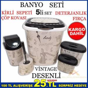 Vintage Desenli 5 Parça Kirli Çamaşır Banyo Seti