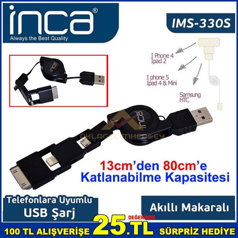 13cm'den 80cm'e Kapasiteli Şarj Kablosu İphone5 ve 4,Ipad 2 ve 4 ve Samsung Uçlu Araç Şarj Kablosu