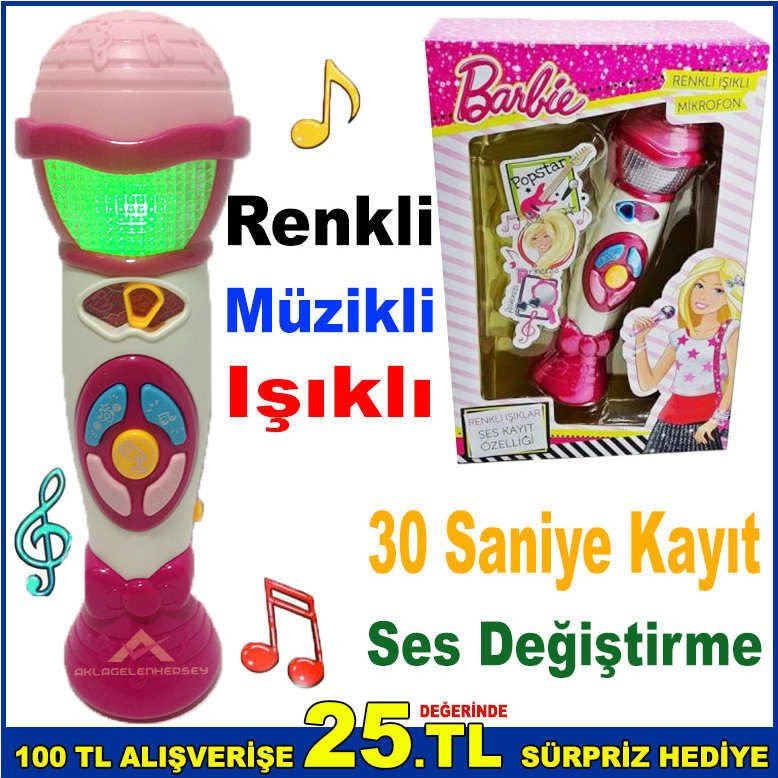 Barbie Renkli Sesli ve Işıklı Mikrofon Ses Değiştirme Özellikli İngilizce Şarklı Işıklı Mikrofon