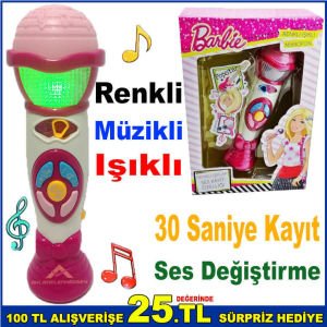 Barbie Renkli Sesli ve Işıklı Mikrofon Ses Değiştirme Özellikli İngilizce Şarklı Işıklı Mikrofon