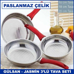 Gülsan Jasmin 3'lü Çelik Tava Seti 18/10 Paslanmaz Çelik  Petek Dokulu İç Yüzey - Çelik Tava Seti