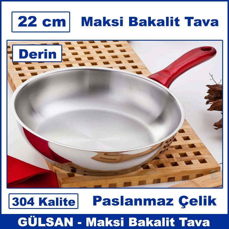 Gülsan 304 Kalite Paslanmaz Çelik Tek Saplı Kapsül Taban 22cm Derin Çelik Tava - Maksi Bakalit Tava