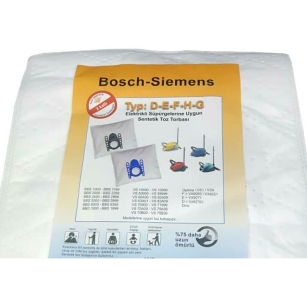 5 Adet BOSCH SİEMENS TYP: D E F H G Elektrikli Süpürgelerine Uygun Sağlıklı Uzun Ömürlü Bez Toz Torbası