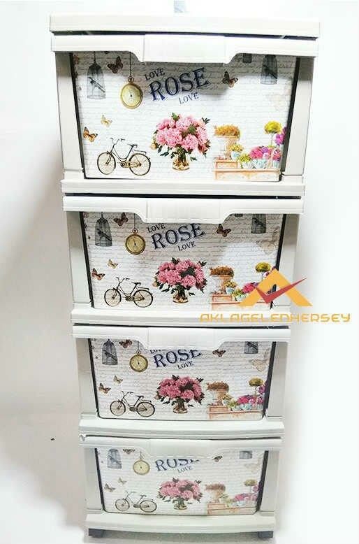 Büyük Boy 4 Çekmeceli Rose Çiçek Desenli Komidin Nostalji Serisi=Güller,Bisiklet Ve Saat Resimli