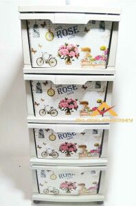Büyük Boy 4 Çekmeceli Rose Çiçek Desenli Komidin Nostalji Serisi=Güller,Bisiklet Ve Saat Resimli