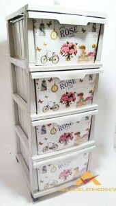 Büyük Boy 4 Çekmeceli Rose Çiçek Desenli Komidin Nostalji Serisi=Güller,Bisiklet Ve Saat Resimli