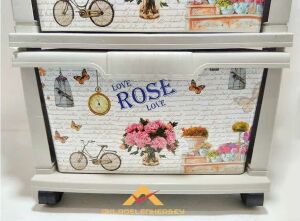 Büyük Boy 4 Çekmeceli Rose Çiçek Desenli Komidin Nostalji Serisi=Güller,Bisiklet Ve Saat Resimli