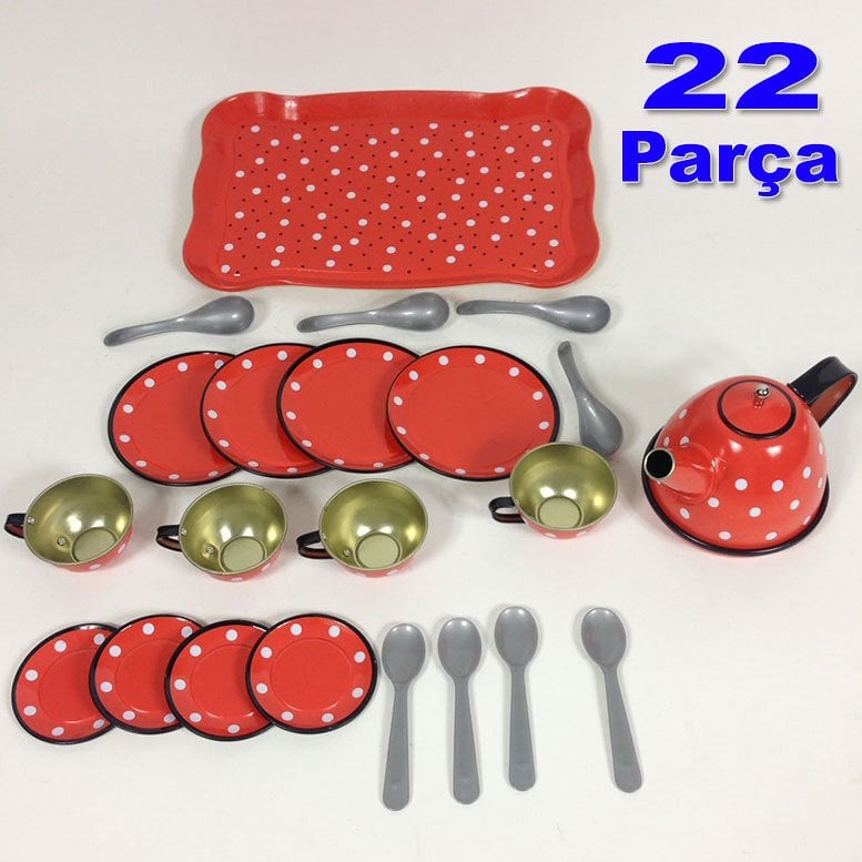 22 Parça Kaliteli Metal Oyuncak Çay Takımı Kırmızı Puantiyeli Eğitici ve Eğlendirici Çocuk Çay Seti