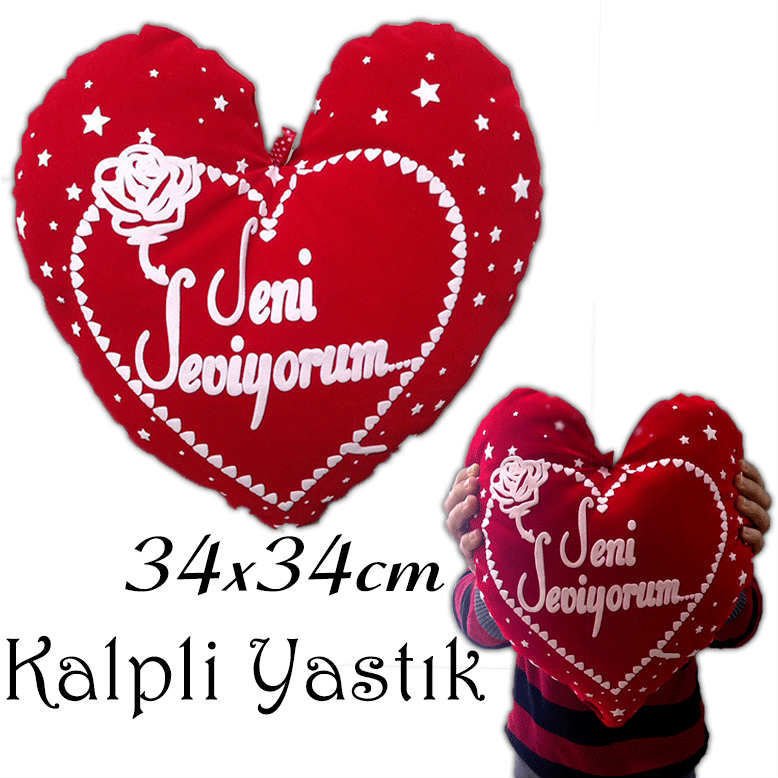 Seni Seviyorum Yazılı Kalpli Yastık Kırmızı Renk 34x34cm Ebatında Askılı Seyahat Yastığı