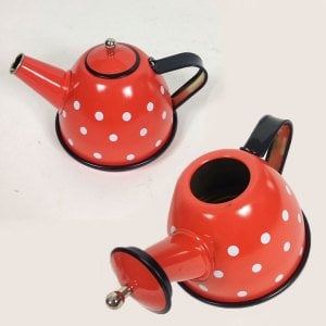 22 Parça Kaliteli Metal Oyuncak Çay Takımı Kırmızı Puantiyeli Eğitici ve Eğlendirici Çocuk Çay Seti