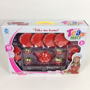 22 Parça Kaliteli Metal Oyuncak Çay Takımı Kırmızı Puantiyeli Eğitici ve Eğlendirici Çocuk Çay Seti