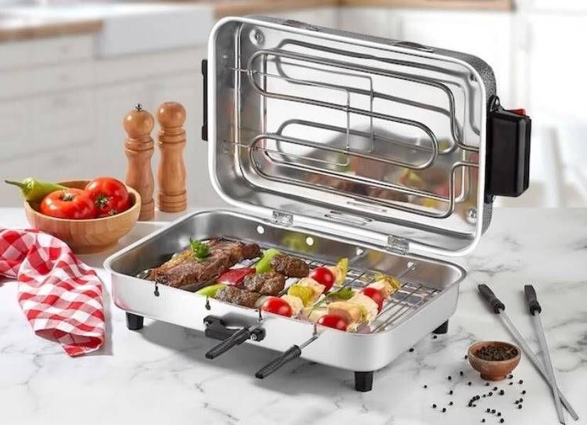 Taner Lüx Büyük Boy 37*23cm Elektrikli Izgara Alüminyum Gövde Kapaklı Mangal Barbekü 4şiş Kebap Ocak