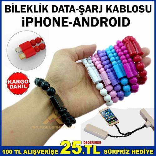 Boncuk Bileklik Android-İphone Data Şarj Kablosu